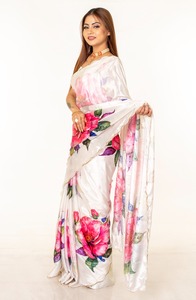 Sari en soie blanc élégant à imprimé floral rose numérique, infroissable et à séchage rapide, pour femme, style mariage Inde Pakistan Bollywood Ouest - Product Image 4