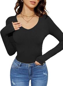 Camiseta de manga larga con cuello en V para mujer, para uso diario, con estilo informal y moderno. - Product Image 1
