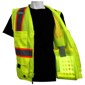 Gilet de sécurité haute visibilité sans col, décontracté, avec fermeture éclair, en maille réfléchissante, multi-poches, pour le travail, avec logo personnalisé, pour la route - Product Image 2