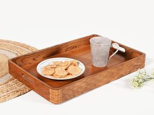 Acacia Wood Modern Decorative <b>Tray</b> <b>Large</b> Rectangular <b>Serving</b> Platter with Handles for Dining Table Home Decor Wedding - Product Image 1