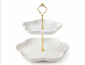 Premium Flower Shape Ceramic <b>Cake</b> Stand 2 Tier White With Gold Trim Handmade For Wedding Restaurant Home Events And <b>Gifts</b> - Product Image 1