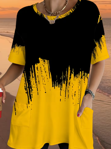 เสื้อยืดแขนสั้นคอกลมพิมพ์ลายสำหรับผู้หญิงไซส์ใหญ่ Hardhoodi Interination Plus Size ผ้าถักเนื้อนุ่ม สีเหลืองดำ ลายพิมพ์ลำลอง ผ้าฝ้าย 100% - Product Image 5