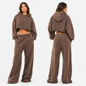 Conjunto Deportivo de Sudadera con Capucha Corta y Pantalones Anchos de Felpa Francesa para Mujer, Marca ONE APEX, Color Marrón, 100% Algodón - Product Image 2
