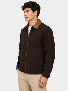 Veste décontractée d'hiver pour homme de qualité supérieure, marron foncé, entièrement zippée, col contrastant beige, 100 % coton sergé, légère, classique - Product Image 2