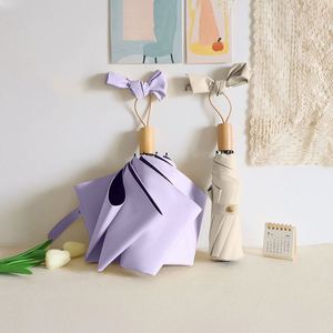 Wholesale Modern Design Woman Travel Umbrella Wood Handle Manual Opening Pongee Black Coating Sun Rain Protection 3 <b>Fold</b> - Product Image 3