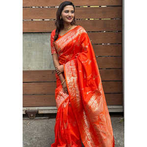 Sari en soie douce tissé Banarasi jaal orange, vêtements indiens et pakistanais - Product Image 3