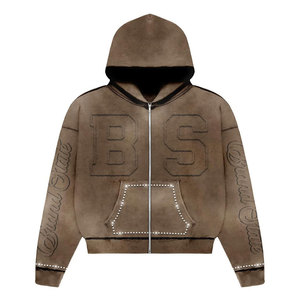 Ensemble de survêtement streetwear personnalisé, effet délavé à l'acide, avec fermeture éclair, appliqué, broderie usée et patch, comprenant un sweat à capuche court et un pantalon de survêtement - Product Image 3