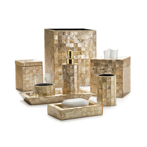 DAANI INTERNATIONAL Mother Pearl Bathroom Accessory <b>Set</b> Handcrafted Gold Shell Mosaic <b>Soap</b> Dispenser Tumbler Tissue Holder - Product Image 1