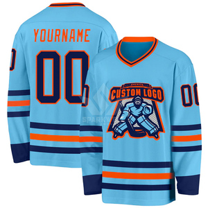 Jersey de Hockey sobre Hielo Personalizado para Hombre, Color Azul Cielo y Naranja, Cuello en V, Manga Larga, Nombre y Número Sublimados, Uniforme de Equipo de Poliéster - Product Image 5