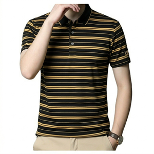 Polo rayé tendance été pour homme en coton confortable, décontracté et habillé, à manches courtes, col boutonné, brodé - Product Image 1