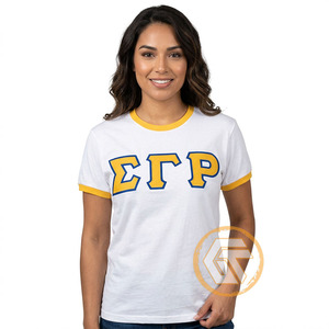 เสื้อยืดสีขาวสำหรับผู้หญิง ตัวอักษรกรีกสีทองน้ำเงิน Sigma Gamma Rho แขนสั้น คอกลมลำลอง เสื้อฤดูร้อน - Product Image 1