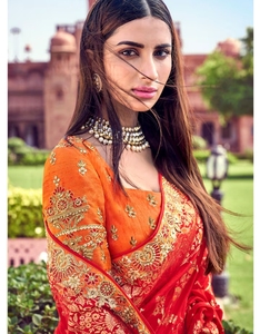 KV <b>Red</b> & Orange Color Silk Embroidered Designer Saree With Unstitched <b>Blouse</b> - Product Image 3