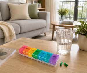 Organisateur de pilules hebdomadaire, boîte de rangement pour médicaments en plastique pour 7 jours, compartiments colorés, certifié BSCI, couleur et logo personnalisables pour usage quotidien - Product Image 4