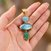 Pendentif élégant en pierre précieuse naturelle labradorite et jade vert, laiton plaqué or 18 carats, design populaire, pour femme, bijou à porter au quotidien