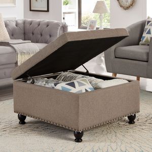 Grande Pouf Quadrato in Lino Imbottito con Bottoni e Gambe in Legno per Salotto con Funzione di Contenitore - Product Image 6