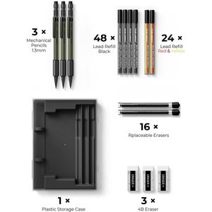 Set di 3 matite meccaniche professionali per impieghi gravosi con 72 minutioli, corpo in metallo resistente alle intemperie, 3 gomme, 16 ricariche di gomma, matita da carpentiere, 3 pezzi con 3 gomme - Product Image 2