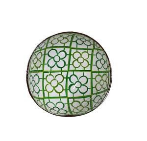 Sophisticated lacquer coconut bowl artistic geometric scene handmade <b>container</b> for unique home decor and office desktop art - Product Image 1