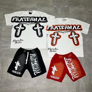 Ensemble T-shirt et short streetwear pour hommes Fraternal, à capuche, manches courtes, 100 % coton biologique respirant, tenue décontractée d'hiver, imprimé croisé - Product Image 3