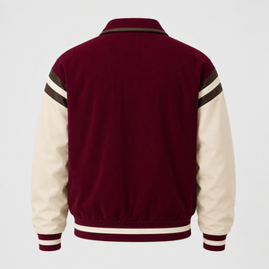 Fashion Unique Spring Maroon <b>Corduroy</b> Varsity <b>Jacket</b> Pullover Front Contrast Color Full-Sleeve Turn-down Collar Breathable - Product Image 2