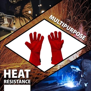 Guantes de Soldadura Rojos de Piel de Vacuno, Resistentes a la Abrasión, Suaves y Cómodos, Protección para las Manos, Guantes de Construcción - Product Image 3