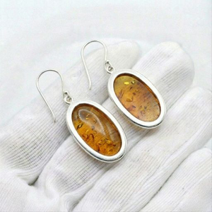 Boucles d'oreilles pendantes ovales en argent sterling 925 massif, serties d'ambre fait main et de pierres précieuses - Product Image 4