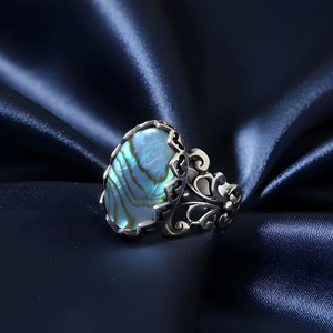 Anillo de abulón hecho a mano en plata de ley, estilo vintage bohemio, anillo con piedra preciosa para mujer, joyería artesanal. - Product Image 1