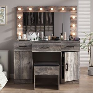 Large Lighted <b>Mirror</b> <b>Makeup</b> Vanity Desk Set with 3 Drawers 2 Cabinets Wood Top Vanity Table for Dressing Power Outlet Included - Product Image 2