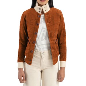 Women Tan Genuine Suede <b>Leather</b> Button Up <b>Jacket</b> Slim Fit Premium Goat Suede Casual Winter Bomber Outerwear Fashion Coat - Product Image 1