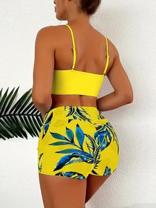 Conjunto de traje de baño de dos piezas con estampado tropical amarillo para mujer, pantalones cortos tankini con cuello en V profundo, ropa de playa, poliéster elástico de spandex - Product Image 5