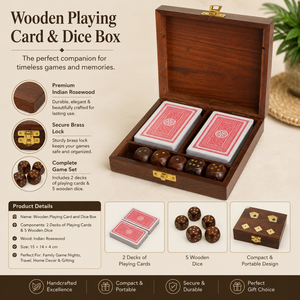 Wooden <b>Playing</b> <b>Card</b> & Dice Storage Box | Handcrafted Indian Rosewood Game Case | 2 Deck <b>Card</b> Holder with 5 Wooden Dice Gift Box - Product Image 5