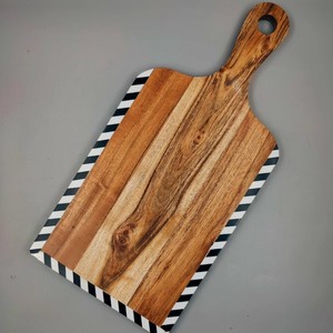 Round Wooden Chopping <b>Board</b> With <b>Black</b> White Chevron Pattern Handle And Rope Loop - Product Image 2