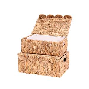 Ensemble de 2 paniers en jacinthe d'eau tressés à la main, avec couvercle, en osier festonné, boîte décorative tressée, provenant d'une usine au Vietnam - Product Image 2