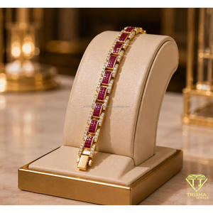 <b>Red</b> Rectangular Stone Tennis Bracelet With Gold <b>Tone</b> Geometric Links And Clear Accent Stones For Wholesale Jewelry Buyers - Product Image 3