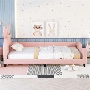 Pink Twin Size Upholstered Daybed with Carton Ears Shaped Headboard for Kids' Bedrooms - Product Image 3