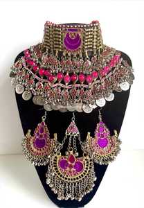 Parure de bijoux vintage afghane Kuchi pour femme, collier et boucles d'oreilles bohèmes en laiton rose, faits à la main, ethniques, pour mariage, fiançailles et soirées - Product Image 5