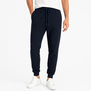 Men's Dark Blue Casual Waffle Jogger <b>Trousers</b> <b>Elastic</b> <b>Waist</b> Drawstring 100% Cotton Cuffs Ribbed Texture Plain Dyed OEM Service - Product Image 1