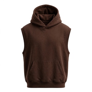 <b>Men's</b> <b>Sleeveless</b> Hooded Fleece Vest 100% Cotton Front Logo Brown Solid Color Casual Regular Fit Pocket Design Winter Wear - Product Image 1