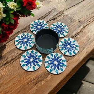 HASAN CRAFT Round Mother of Pearl <b>Coaster</b> Set with Holder Eco-Friendly Luxury Design <b>Blue</b> Floral Mediterranean Handmade - Product Image 1