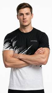 ONETEN APPAREL T-shirt imprimé noir et blanc pour hommes, haut décontracté à manches courtes et col rond - Product Image 2