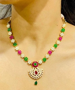 RAY FINE ORNATES Gold Plated Vintage Handcrafted <b>Necklace</b> <b>Ruby</b> Pearl <b>Ruby</b> Pink Bridal Wedding Jewelry Ethnic Festive Statement - Product Image 3