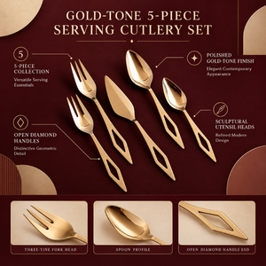 Juego de Cubiertos de Lujo en Tono Dorado de Cinco Piezas con Mangos con Diseño de Diamantes | Tenedores, Cucharas y Cuchillos de Servir de Acero Inoxidable de Primera Calidad - Product Image 5