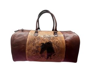 Western Style Leather Duffel Carryall Tooled Design Travel Holdall Cabin <b>Luggage</b> Weekend Trip Storage Bag Utility Use - Product Image 6