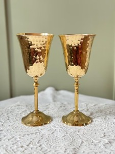 Vintage Long Stem Metal <b>Glasses</b> Set of 2 Wedding Use Handmade Brass Wine <b>Goblets</b> Bell Shape - Product Image 1