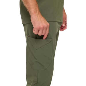 Ensemble de blouses médicales pour hommes vert olive, haut à col en V avec poche et pantalon à cordon, uniforme d'hôpital en tissu tricoté coton-polyester - Product Image 5