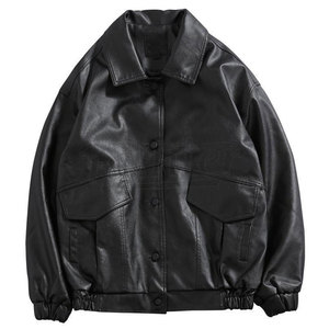 Men's Black PU Leather Jacket Workwear Style Turn-Down Collar Single <b>Button</b> Pockets Regular Fit Autumn Wear Solid Color <b>No</b> Hood. - Product Image 1