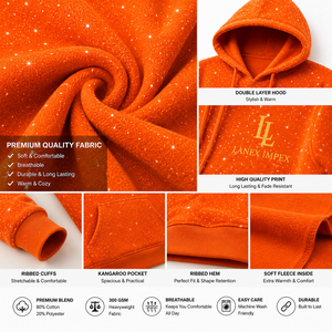 เสื้อฮู้ดดี้ผู้ชายสีส้มประดับเพชรเทียม สกรีนโลโก้ได้ สไตล์สตรีทแวร์ลำลอง ผ้าฟลีซ แขนยาว มีฮู้ด ผ้าฝ้าย 100% ทรงโอเวอร์ไซส์ - Product Image 5