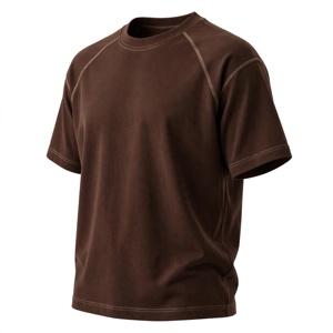 T-shirt en coton marron surdimensionné pour homme, manches courtes, col rond, couleur unie, tricoté, teint uni, coupe classique - Product Image 2