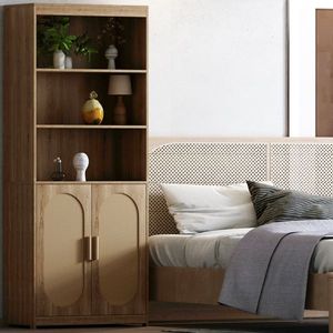 Libreria Moderna a 5 Ripiani in Rattan con Ante per Libri Grandi - Design Rustico - Product Image 3