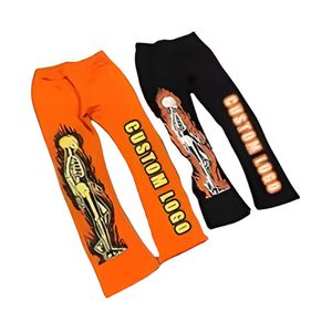 Custom Skeleton Graphic Flare Sweatpants Streetwear Flame Print Stacked Joggers Men Women Fleece Bell Bottom Trousers - Product Image 1
