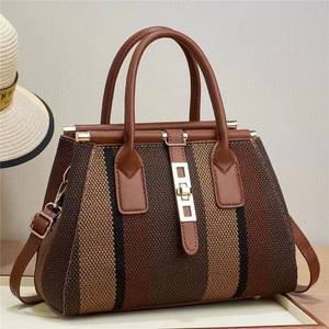 Classic Striped Faux Leather Casual Tote Handbag with Removable <b>Strap</b> Zipper Closure Waterproof Fashion for Women Daily Use - Product Image 1